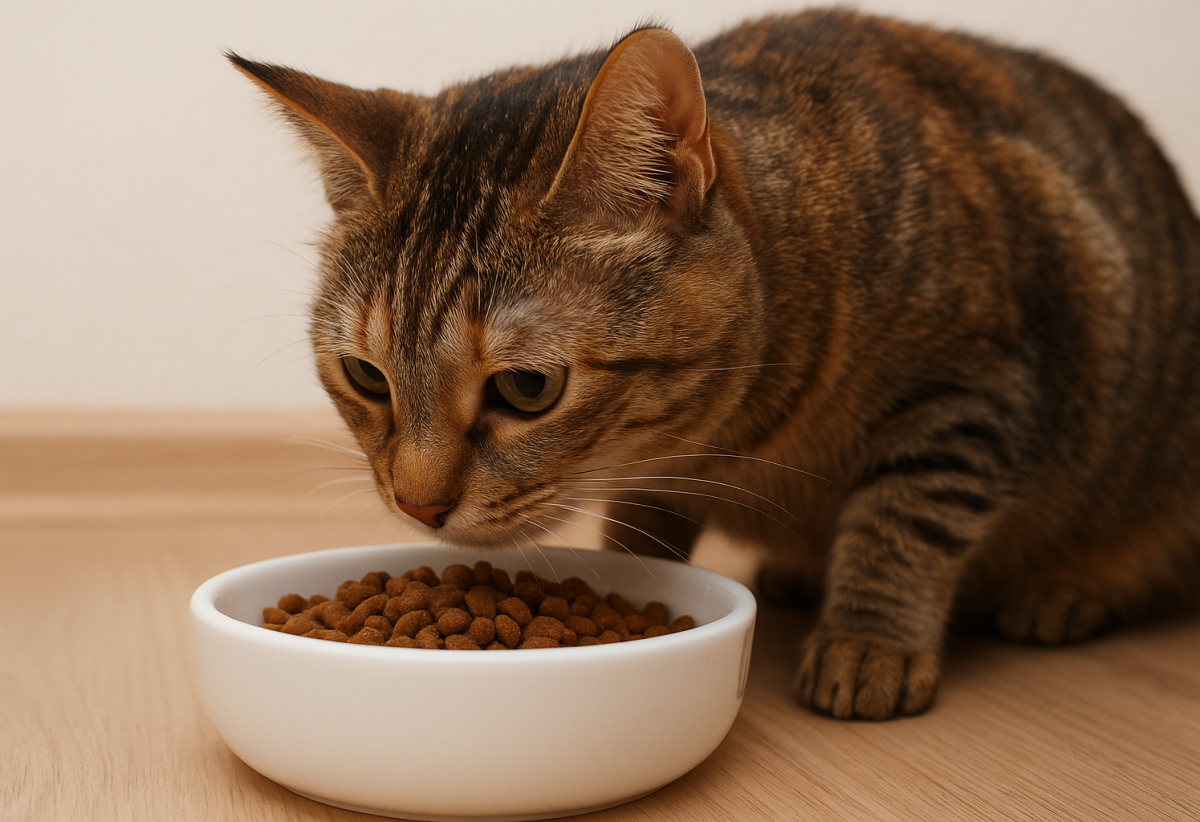 گربه‌ای که غذا نمی‌خورد و در کنار ظرف غذا نشسته
