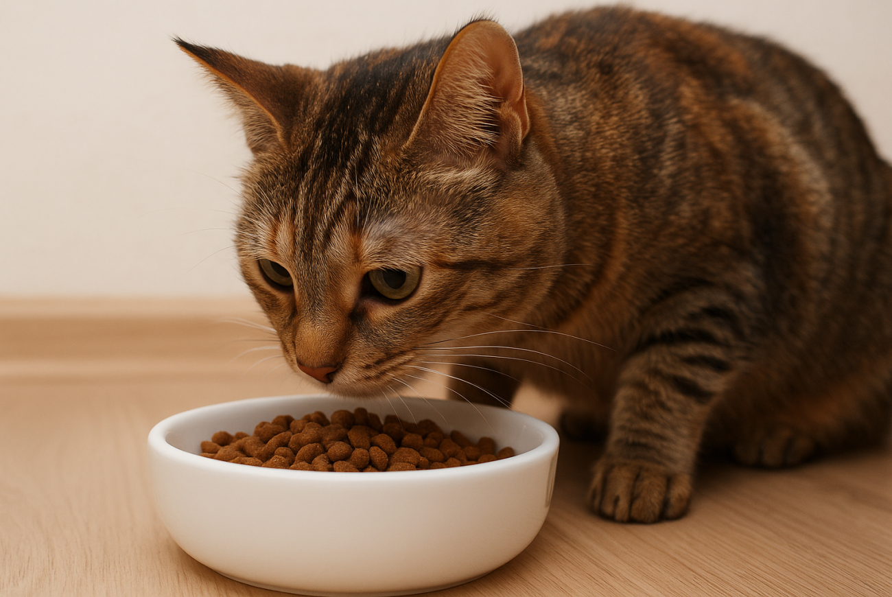 گربه‌ای که غذا نمی‌خورد و در کنار ظرف غذا نشسته