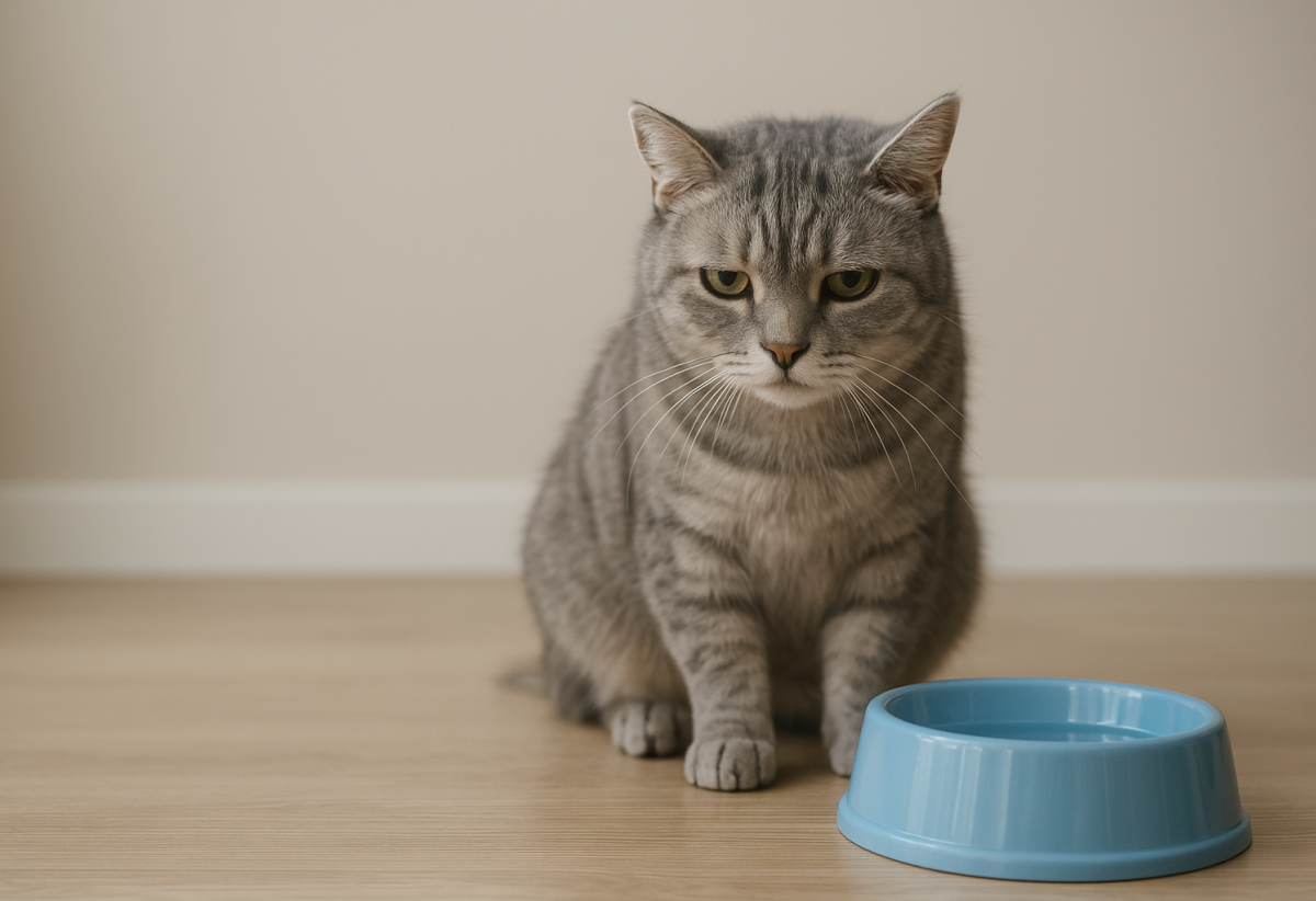 گربه خاکستری با حالت بی‌حالی کنار ظرف آب – نشانه‌های احتمالی بیماری کلیوی در گربه