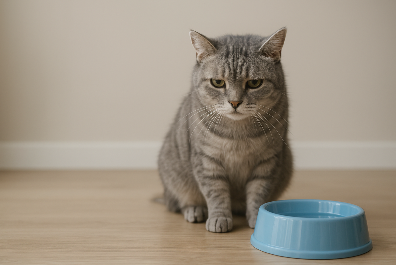 گربه خاکستری با حالت بی‌حالی کنار ظرف آب – نشانه‌های احتمالی بیماری کلیوی در گربه
